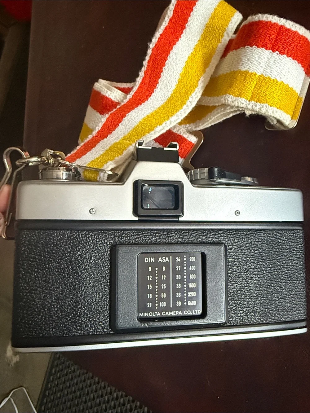 Minolta SR-T 201 35mm Film Camera in Silver and Black with Retro Stripe Strap